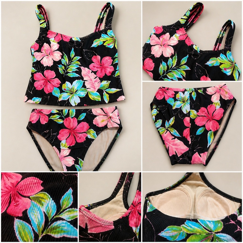 Cole of California Bikini Set Sz 12 Floral Ribbed High Rise Crop Top